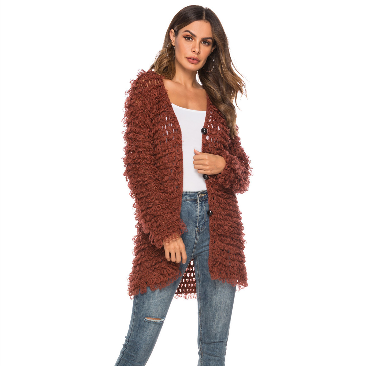 Hand-Crochet Loop Yarn V-Neck Midi Cardigan Sweater Coat for Women