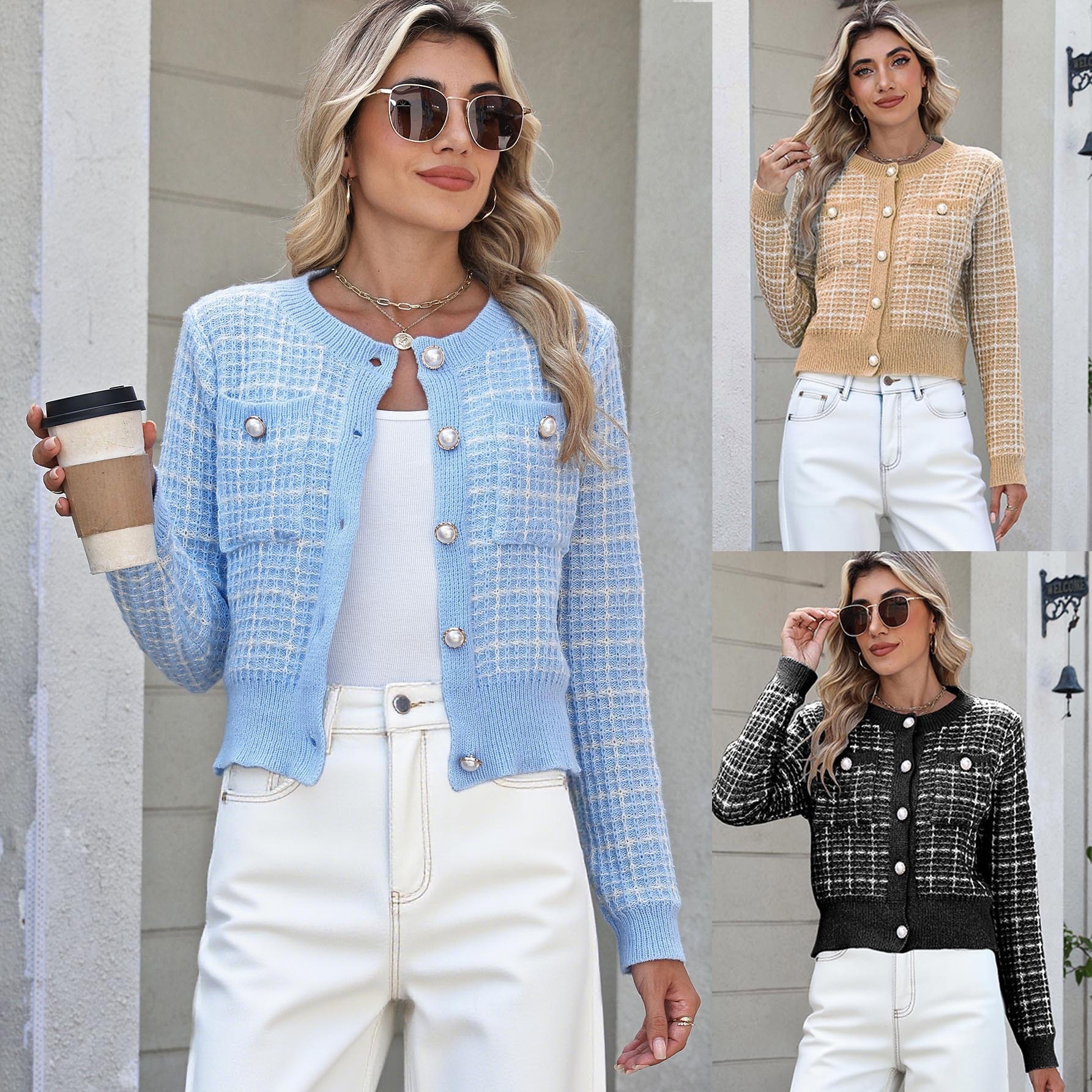 Plaid Knit Cardigan Short Jacket Women's Crewneck Long Sleeve
