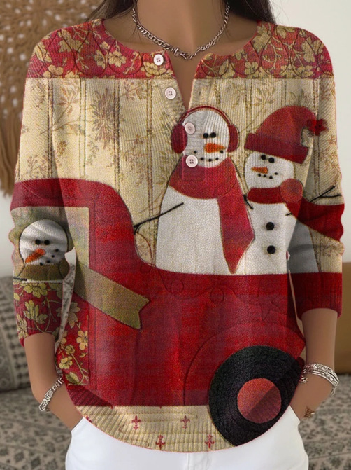 Women's Christmas Tree Snowman Scarf Print Button Sweatshirt