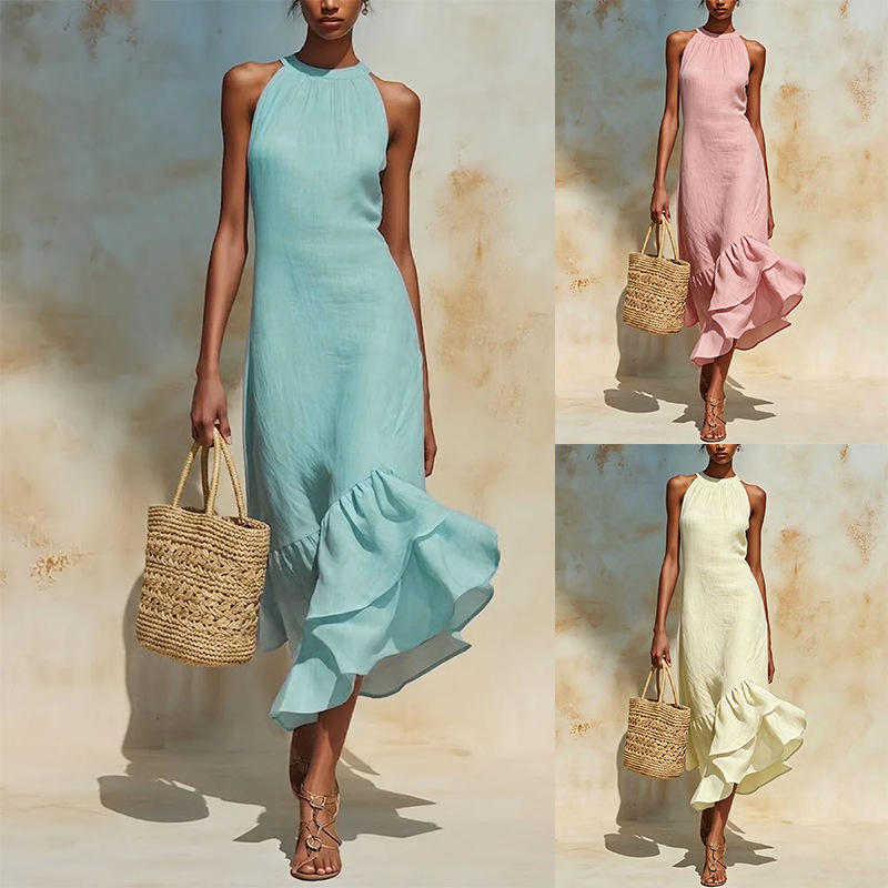 Women's Sleeveless Halter Cotton-Linen Dress with Asymmetrical Ruffle Fishtail Hem