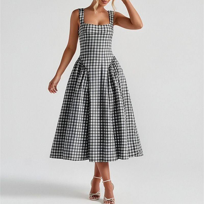Women's Sleeveless Spaghetti Strap French Dress with Waist