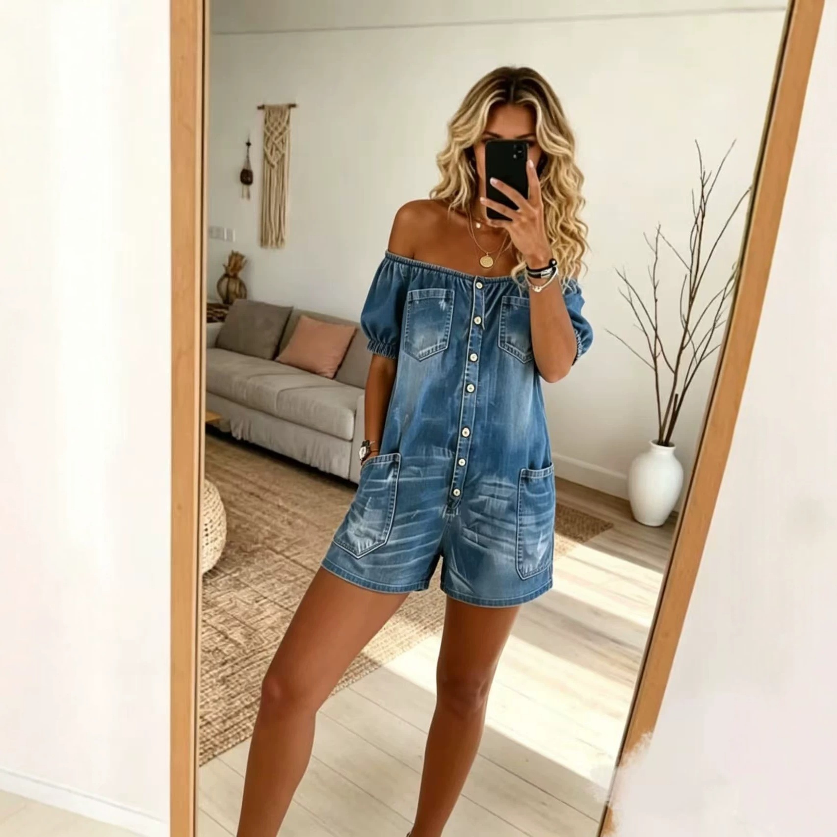 Women's Loose Vintage Denim Jumpsuit Straight Leg