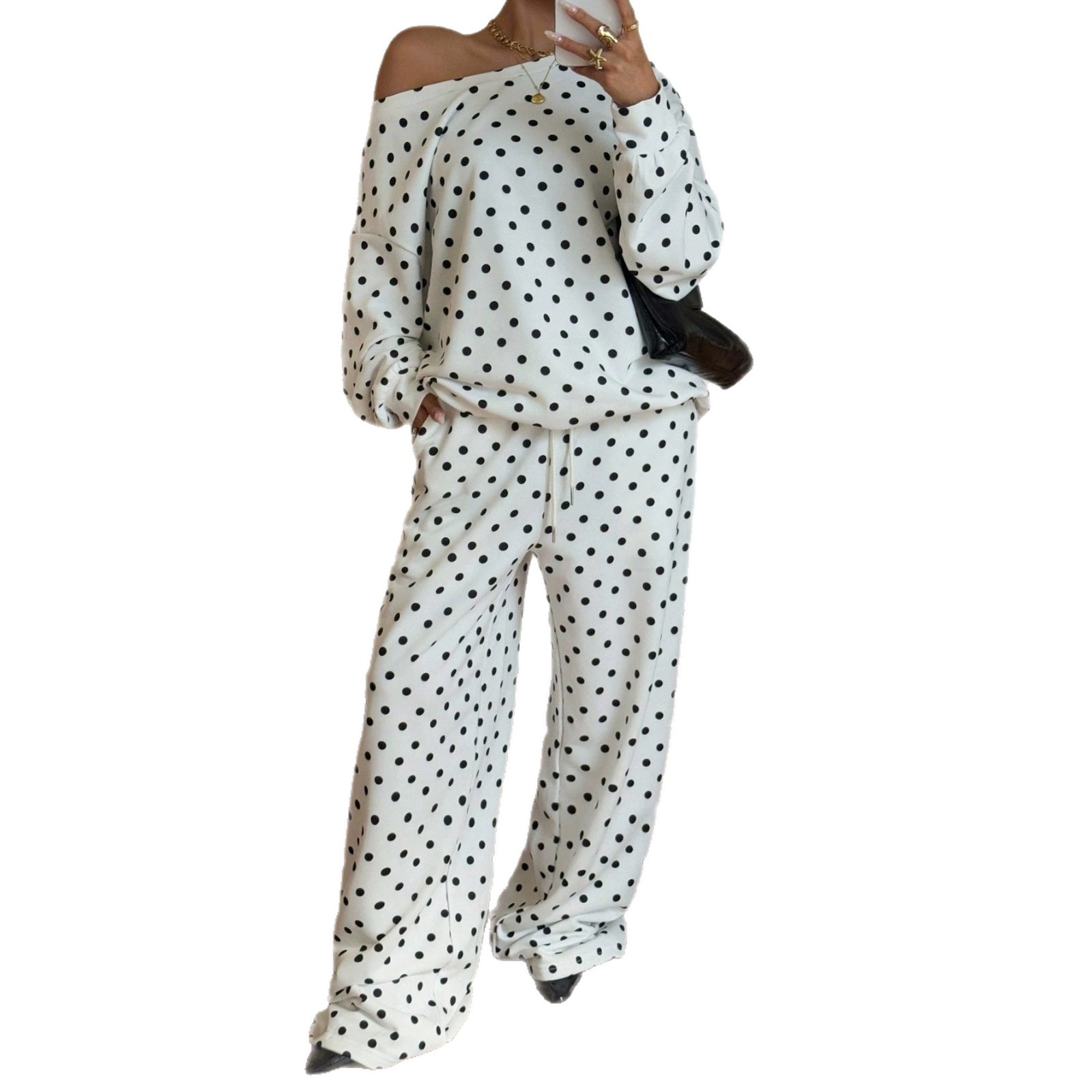 Women's Polka Dot Print One-Shoulder Long Sleeve Drawstring Pants Casual Set