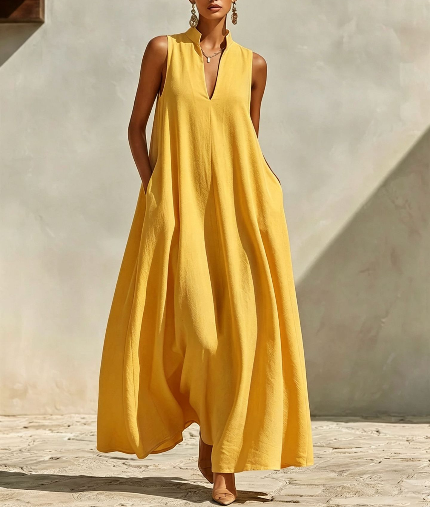 Women's Stand Collar Sleeveless A-Line Maxi Dress Loose Fit Vacation