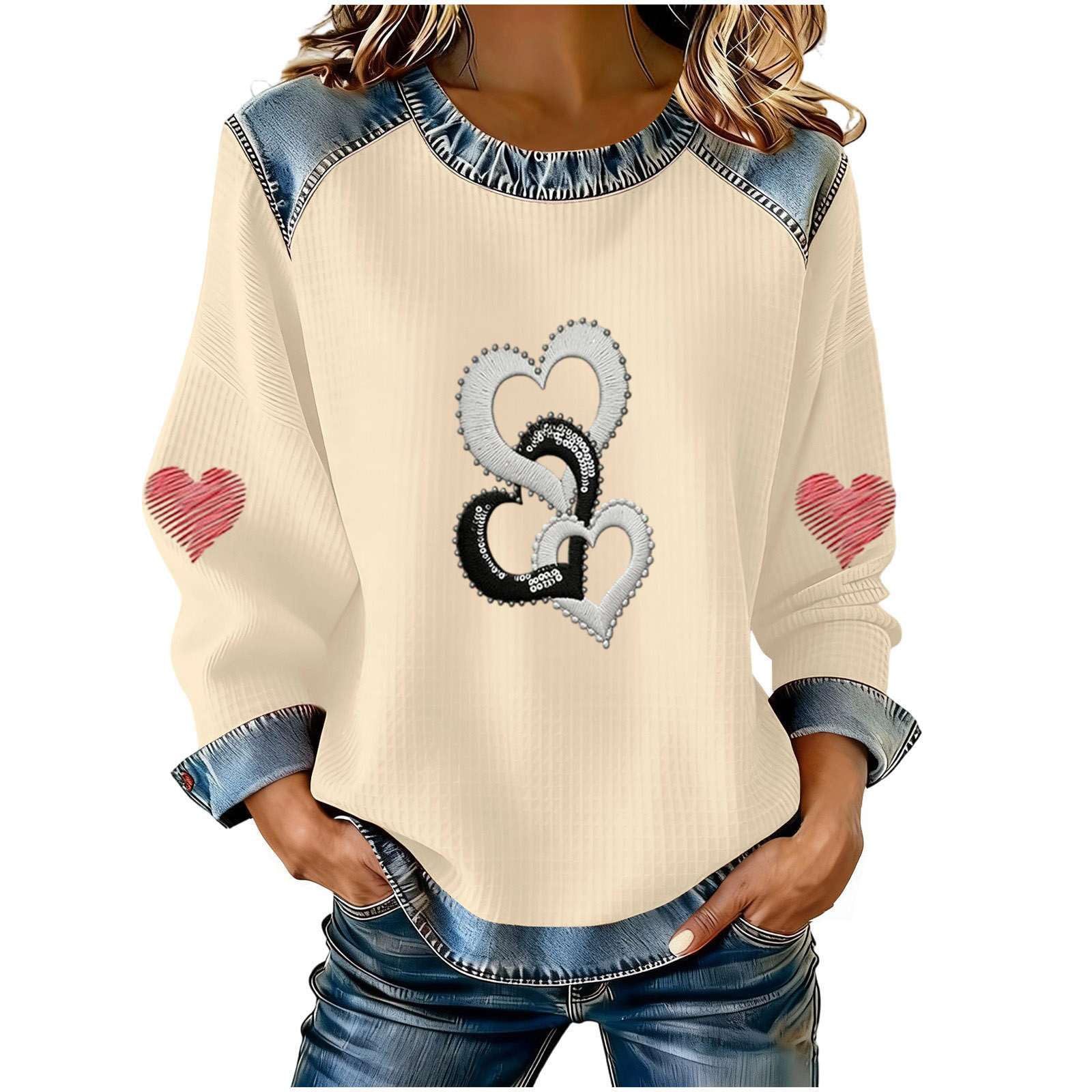 Women's Heart Print Crewneck Sweatshirt