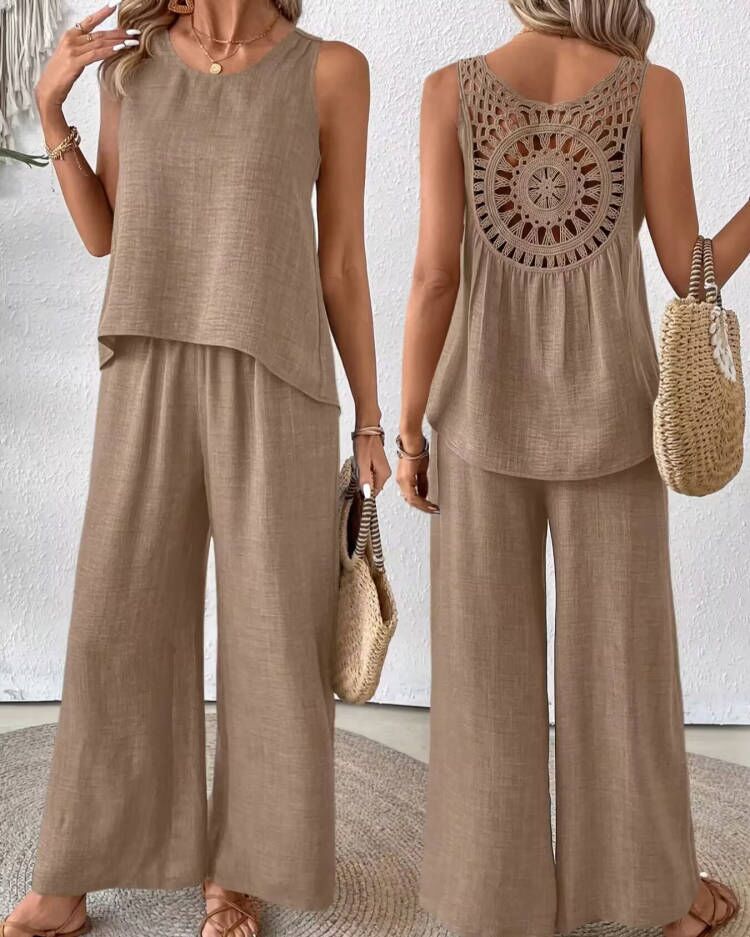Women's Solid Color Back Cutout Lace Trim Sleeveless Top Set