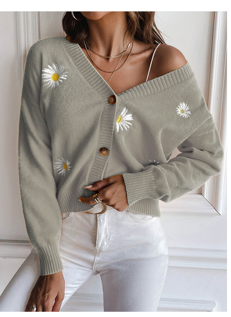 Daisy Embroidered V-Neck Cardigan Sweater