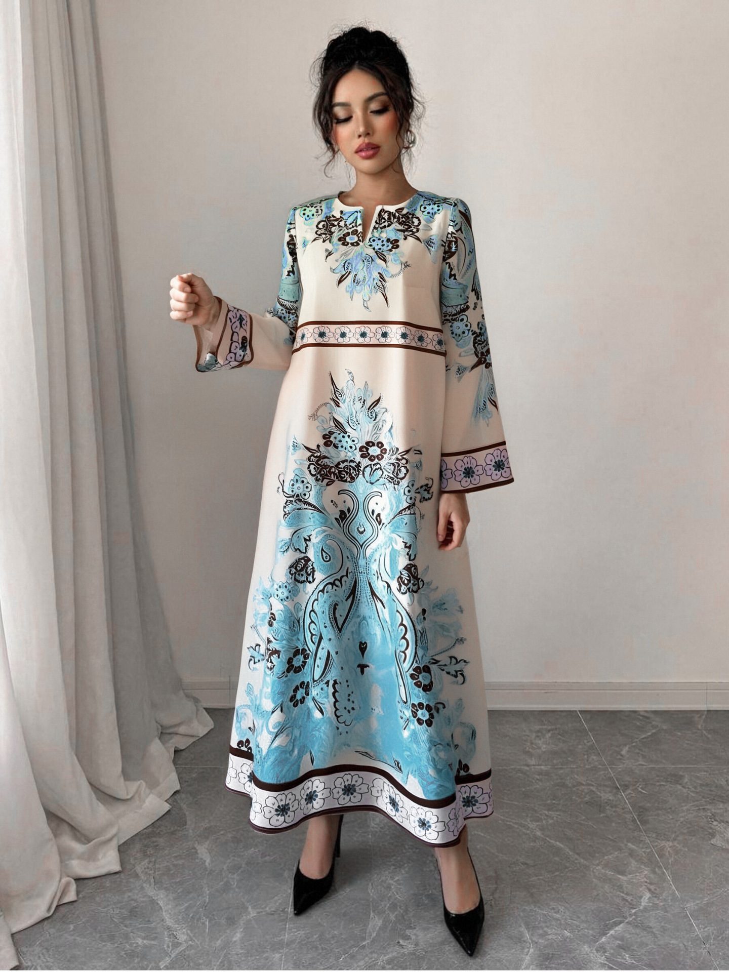 High-Saturation Colorblock Print Long Dress Loose Flattering A-Line V-Neck