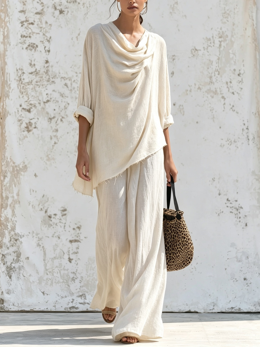 Women's Long Sleeve Frayed Trim Top & Wide Leg Pants Casual Set
