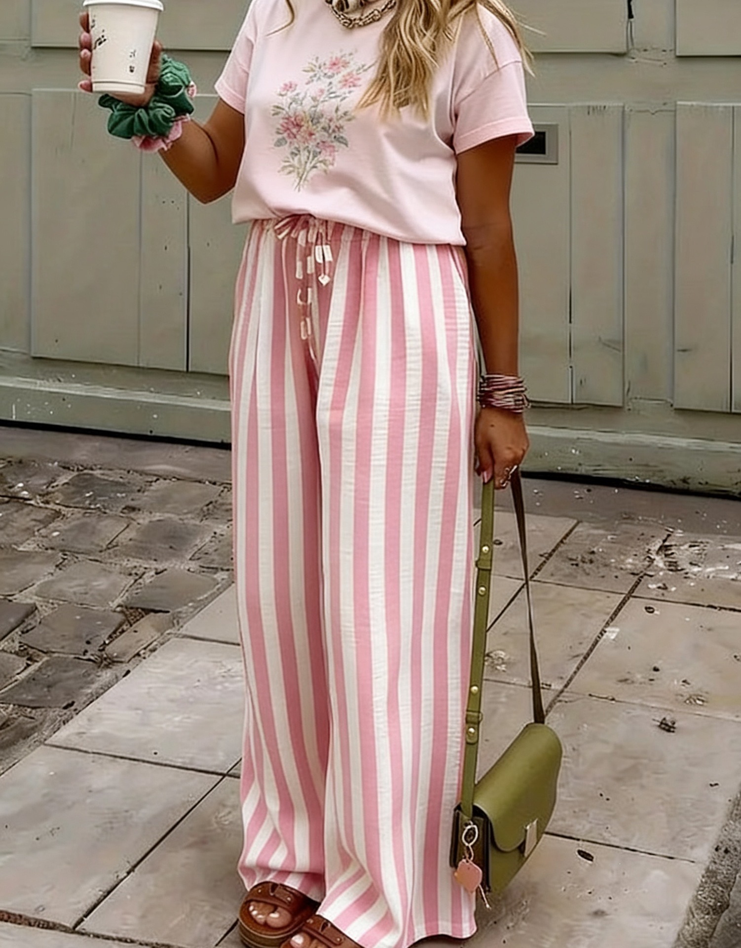Women's Loose Straight-Leg Striped Print Pants Casual Colorblock