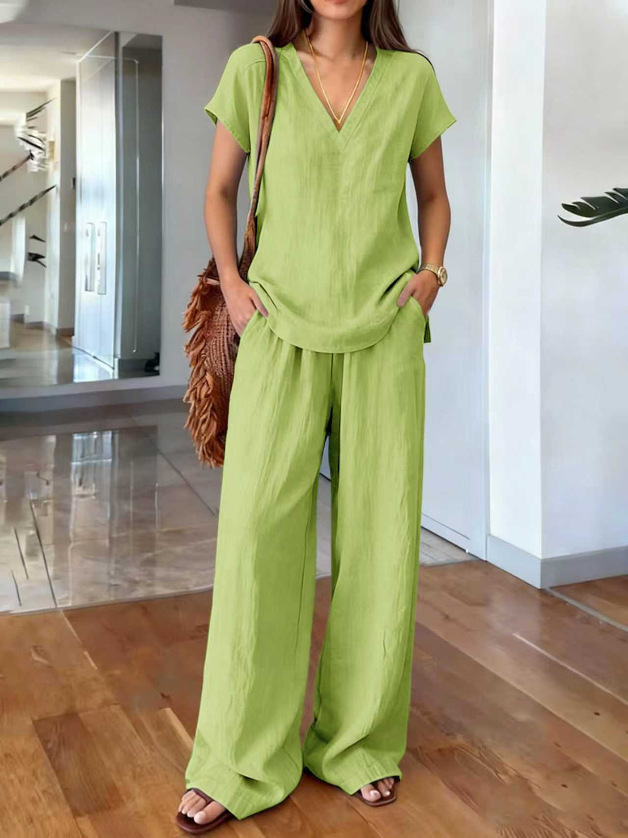 Women's V-Neck Short Sleeve Top & Wide Leg Pants Set