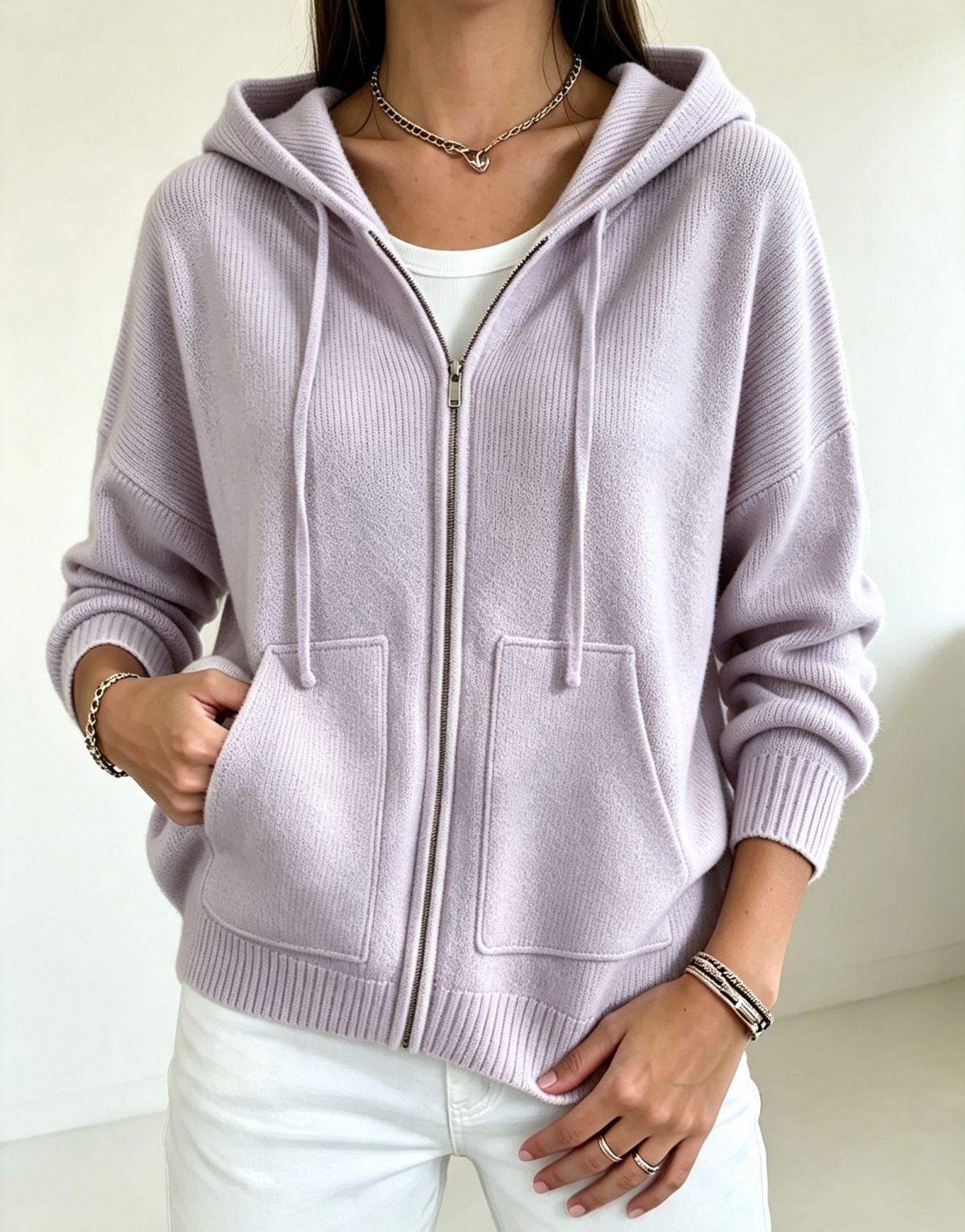 Women's Solid Hooded Zip-Up Knit Cardigan Loose Fit