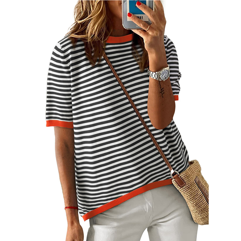 Women's Striped Color-Block Crewneck Short-Sleeve Casual Sweater