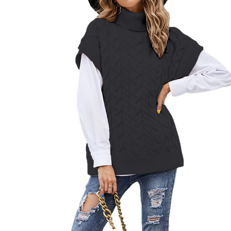 Women's Sleeveless Cable Knit Turtleneck Sweater Vest Loose Pullover