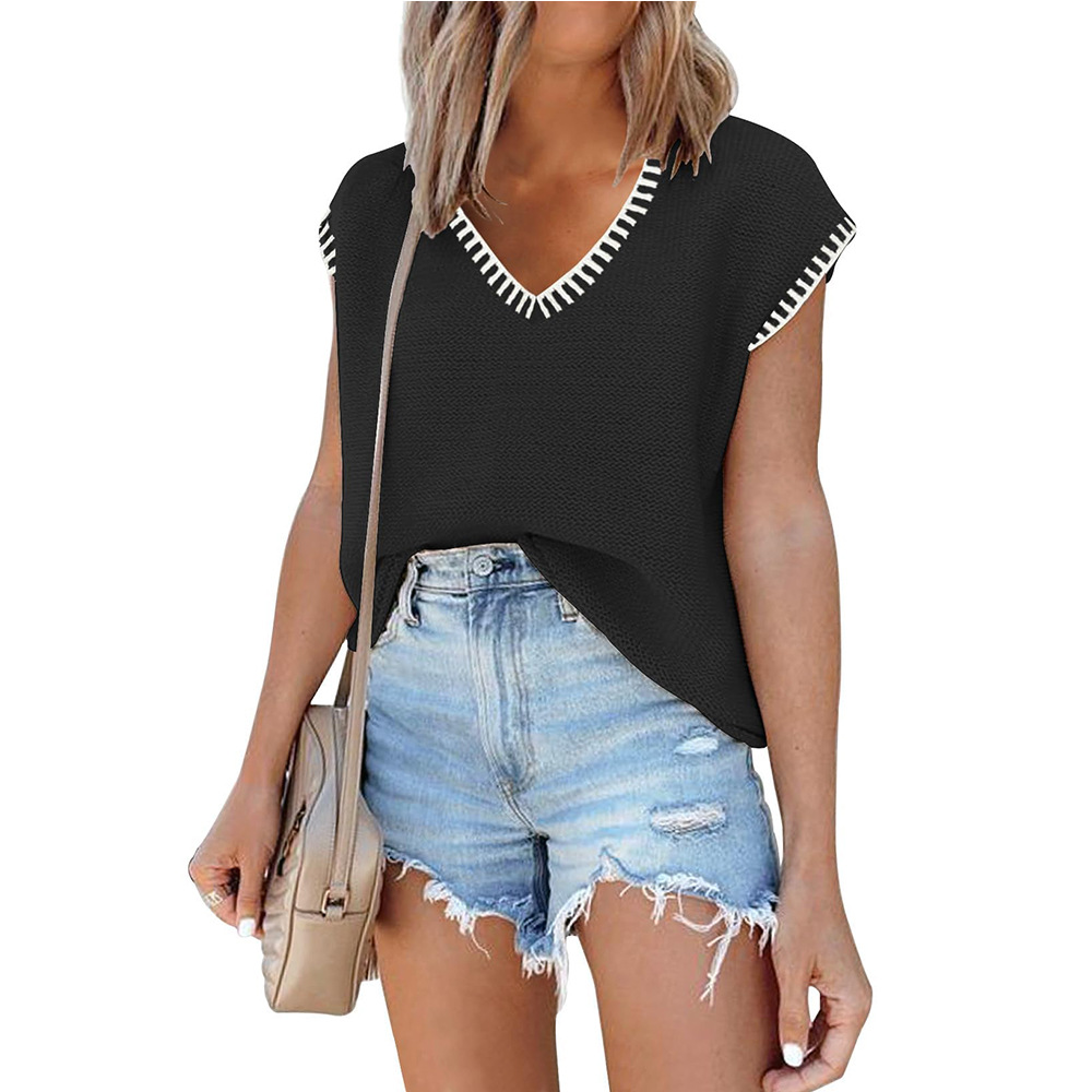 Women's V-Neck Short Sleeve Striped Knit Sweater