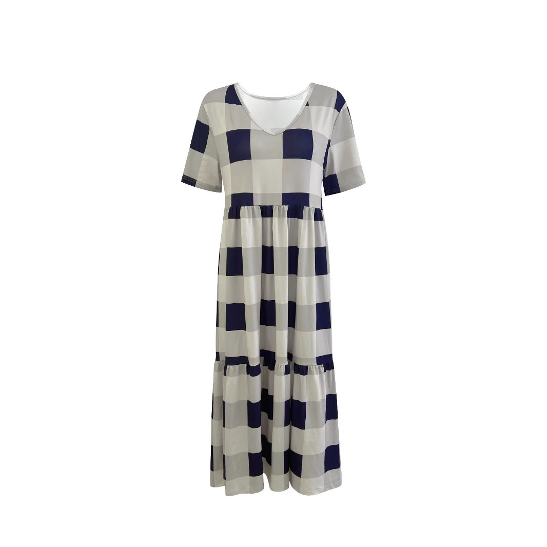Plaid V-Neck Short Sleeve Maxi Dress