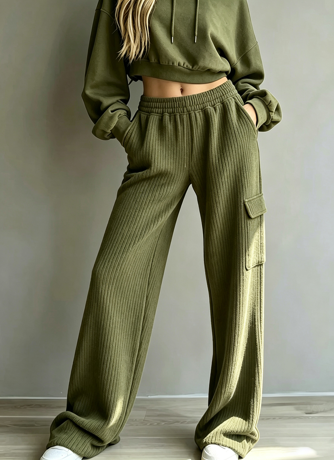 Vertical Ribbed Wide-Leg Cargo Sweatpants High Waist Drawstring