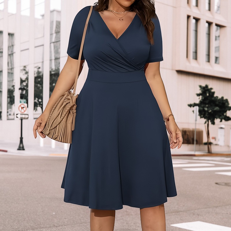 Women's V-Neck Pleated Midi Dress Short Sleeve Solid Color