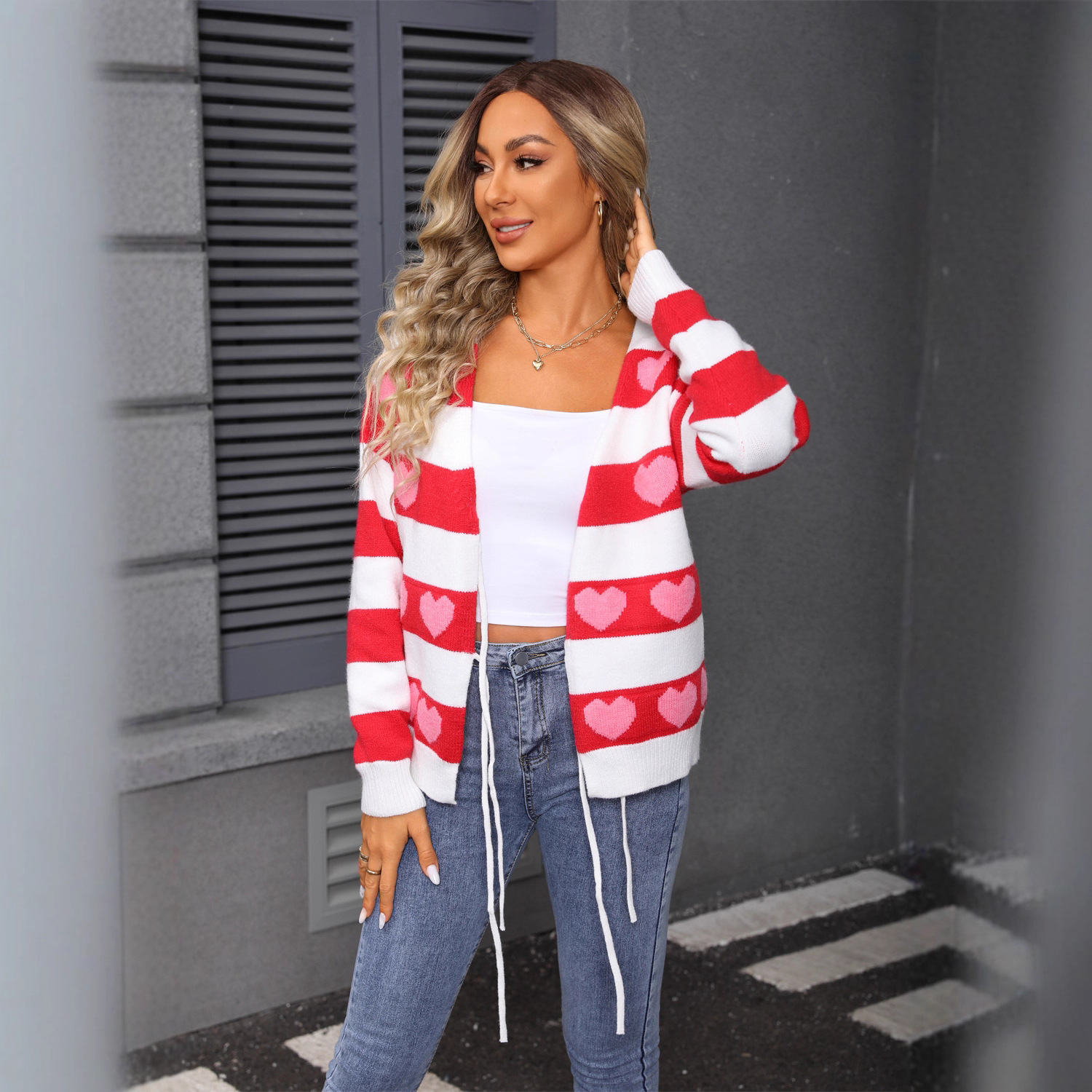 Women's Color-Block Heart Knit Cardigan with Tie Front