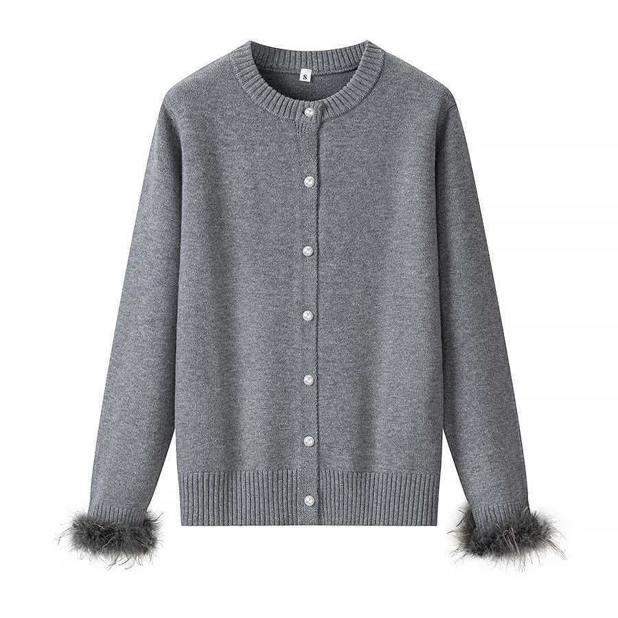 Feather-Trim Knit Cardigan