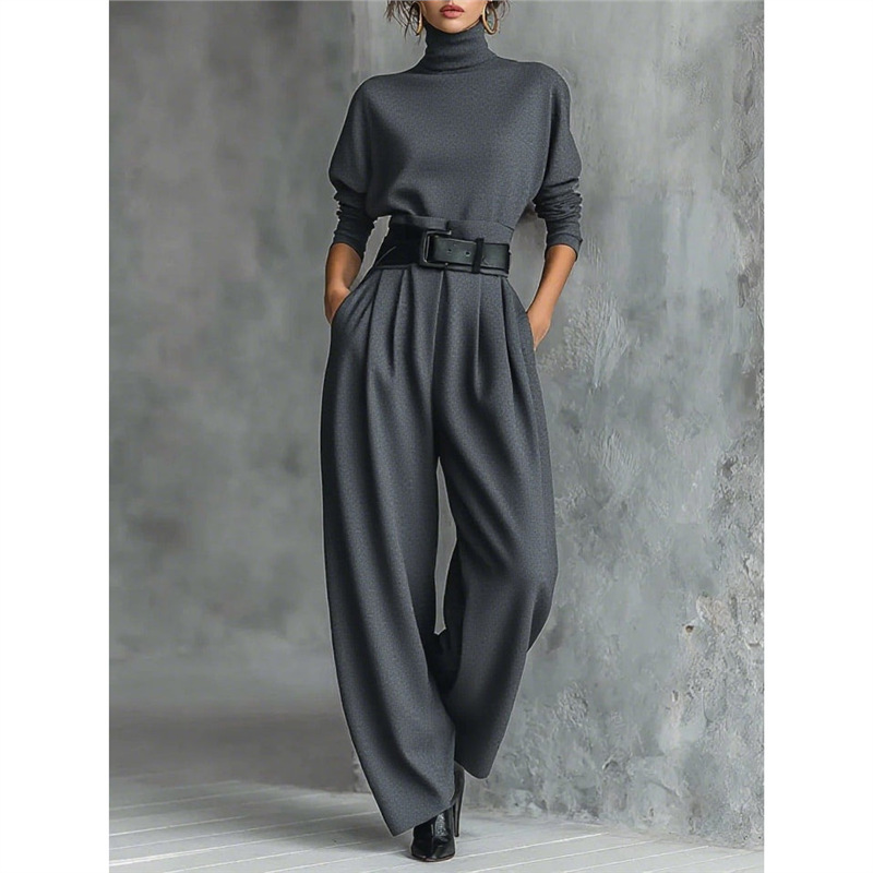 Solid High Neck Top & Wide Leg Pants Two-Piece Set with Belt