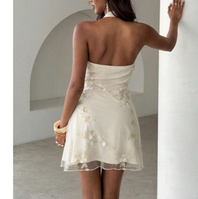 Romantic Halter Open-Back Cutout Pleated Apricot Dress