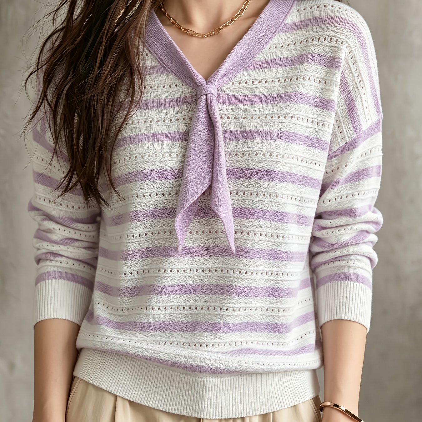 Lightweight Striped V-Neck Knit Pullover with Cutout Tie Waist