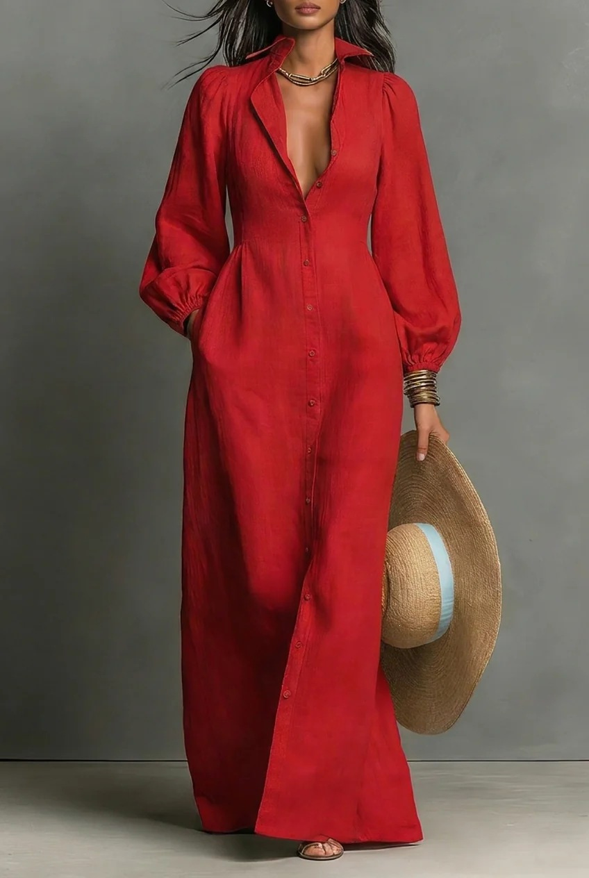 Women's Solid Button-Front Long Shirt Dress with Polo Collar
