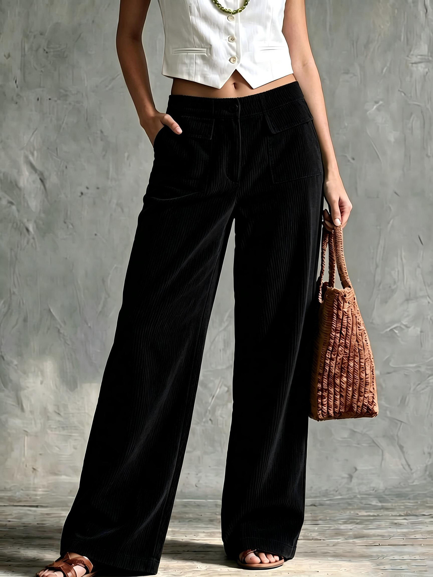Women's High-Waist Corduroy Wide-Leg Pants Solid Color Casual