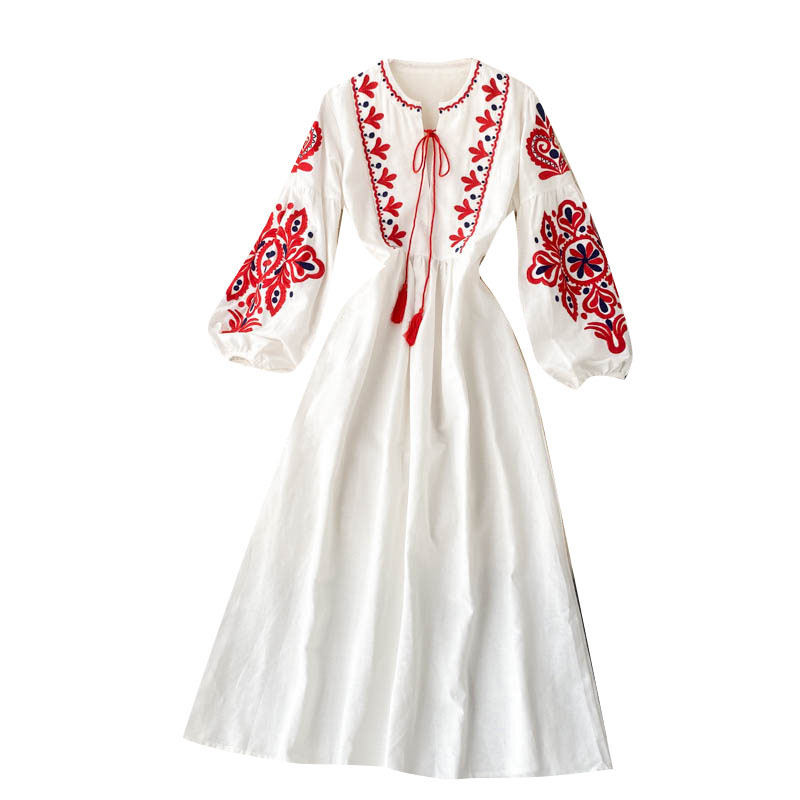 Ethnic Floral Print Lantern Sleeve Pleated Loose A-Line Midi Dress