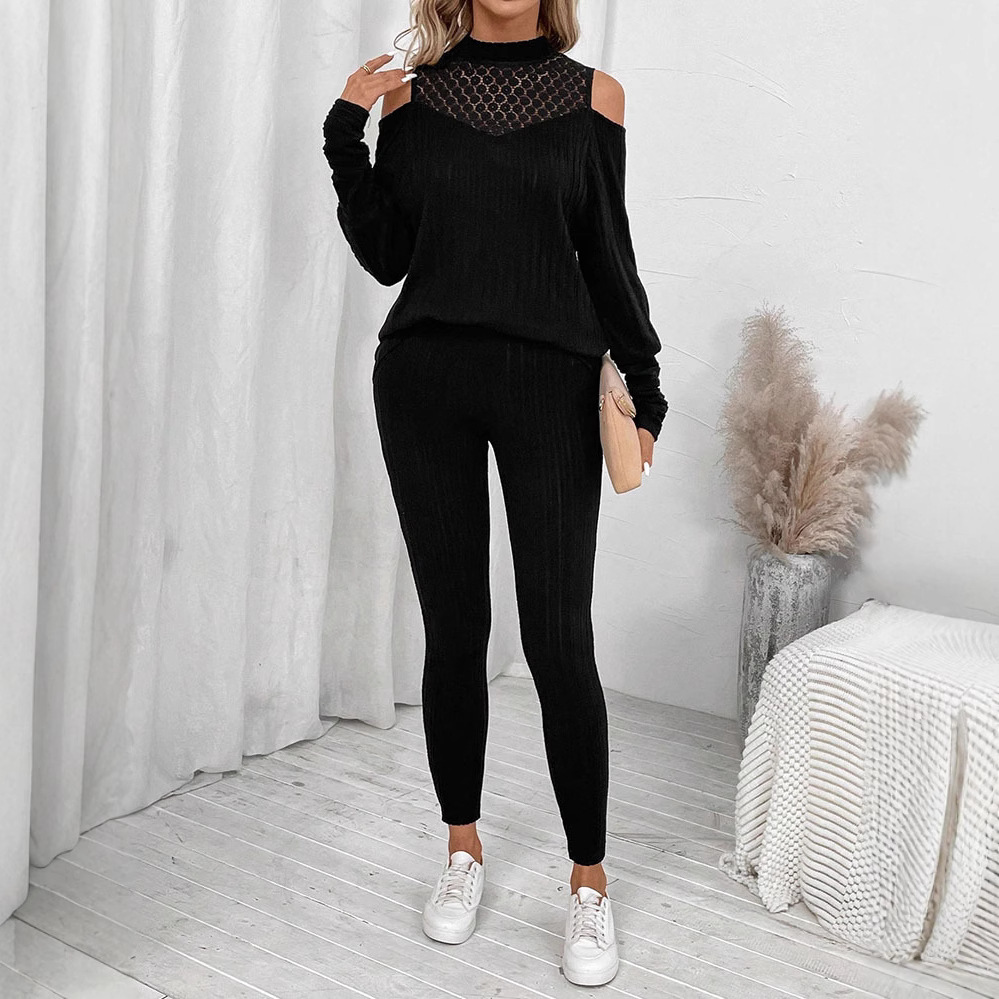 Off-Shoulder Long-Sleeve Top and Pants Two-Piece Set with Cutout Detail