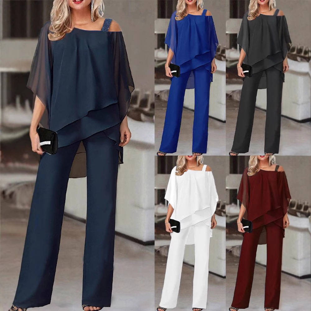 Women's One-Shoulder Chiffon Batwing Sleeve Two-Piece Pants Set