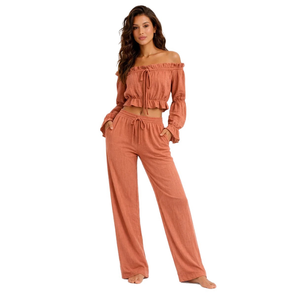 Off-Shoulder Crop Top and Wide-Leg Pants Set