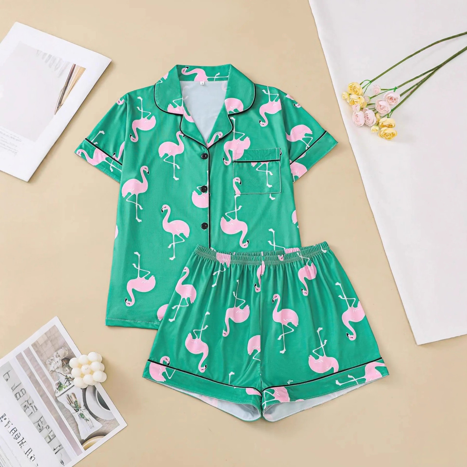 Women's Flamingo Print Collared Shirt Set Casual Loungewear