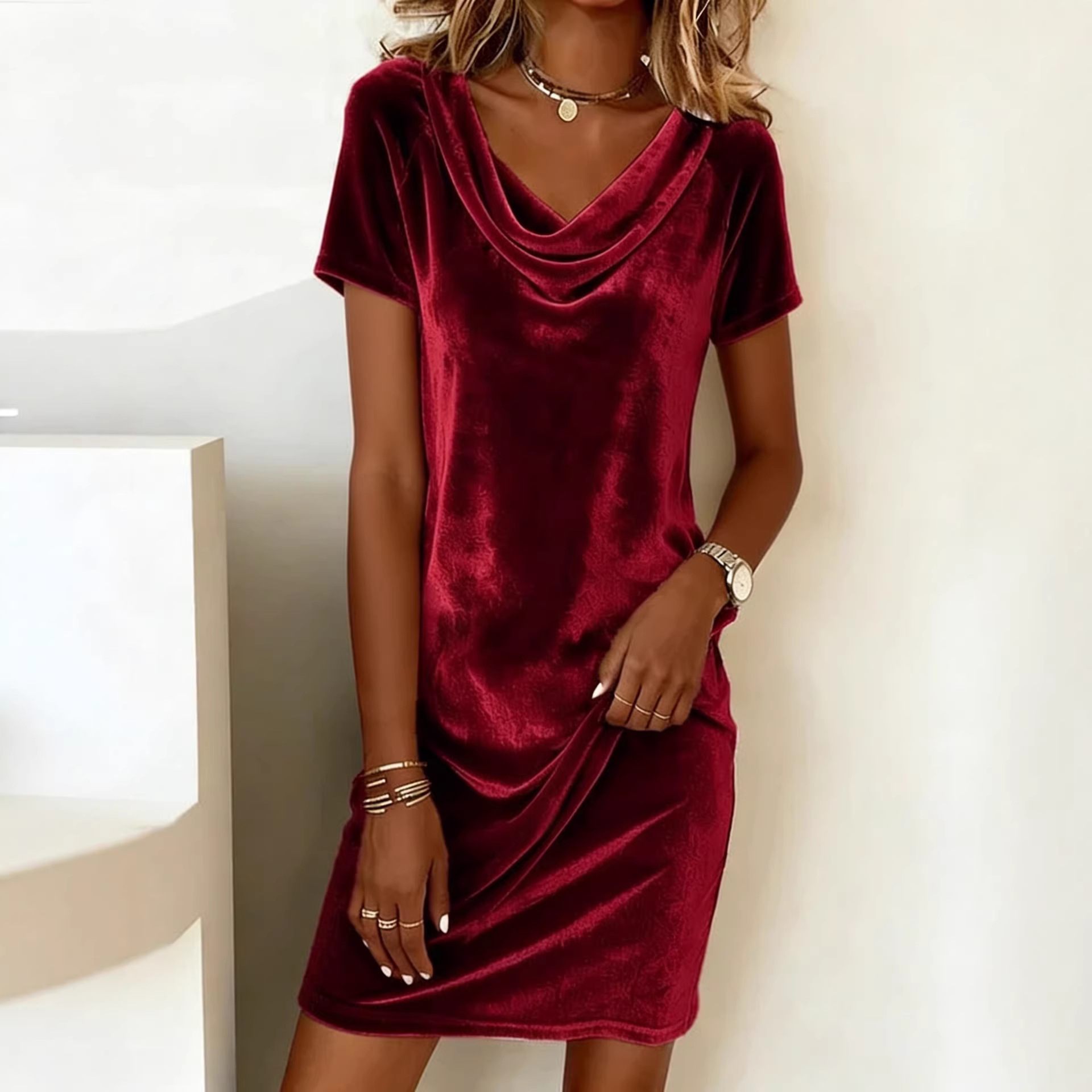 Women's Cowl Neck Velvet Midi Dress Slim Fit Elegant