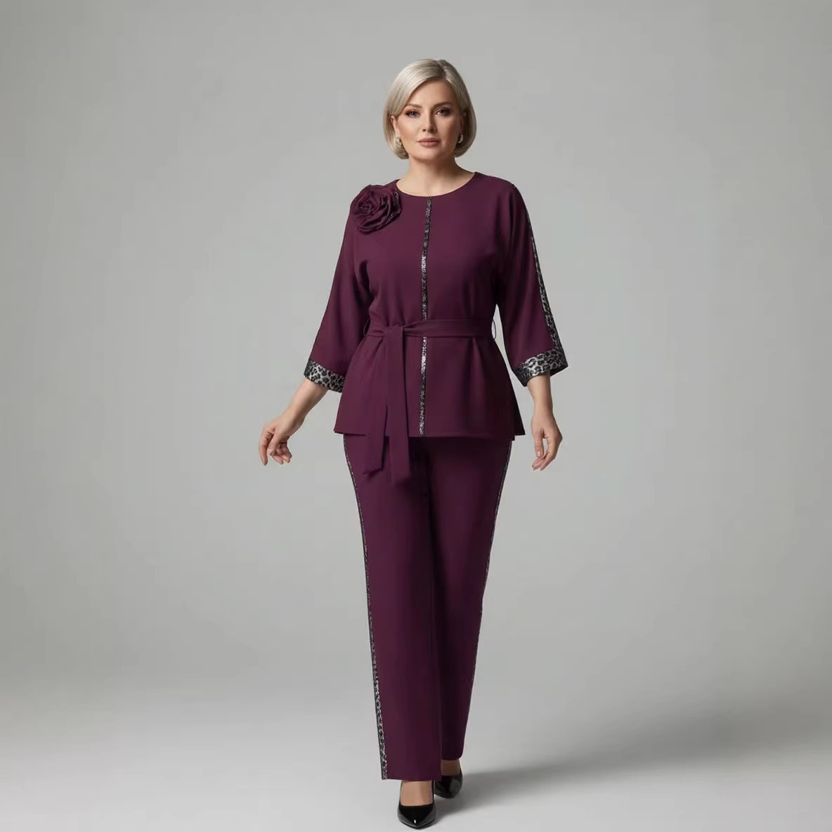 Plus Size Leopard Print & Floral Patchwork Two-Piece Pants Set