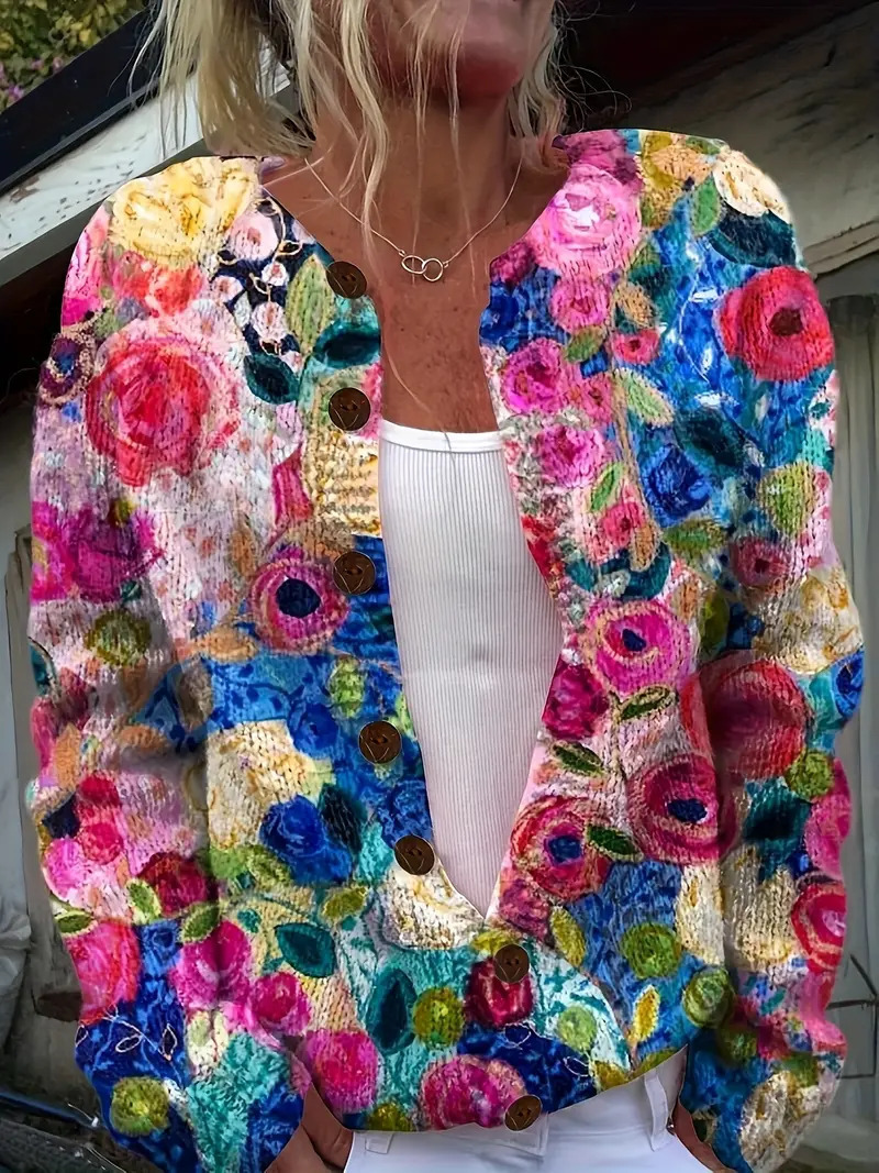 Women's Floral Print Long Sleeve Crew Neck Pullover Sweater