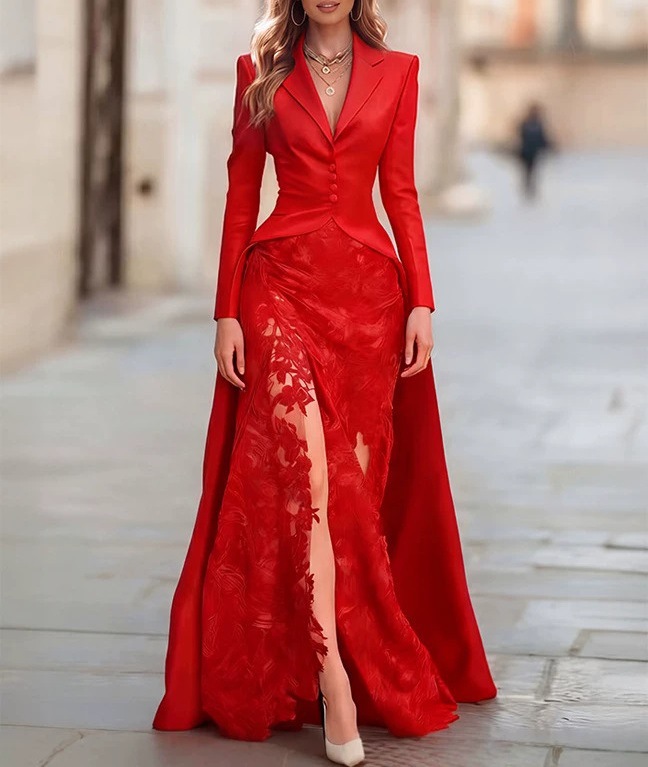 Women's Long Sleeve Lace Blazer Collar Two-Piece Dress Set
