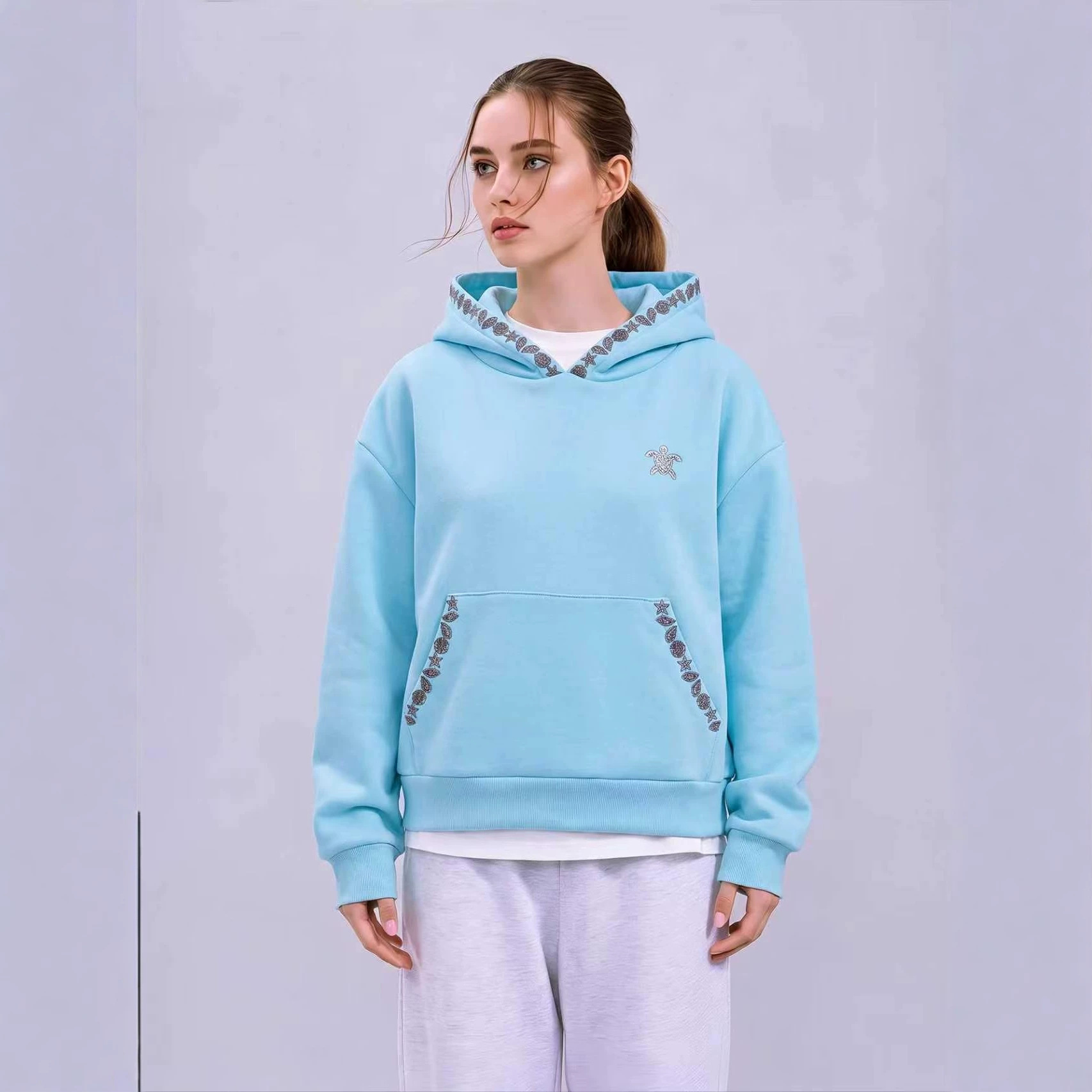 Women's Embroidered Hooded Sweatshirt Waist-Cinched Cropped Pullover