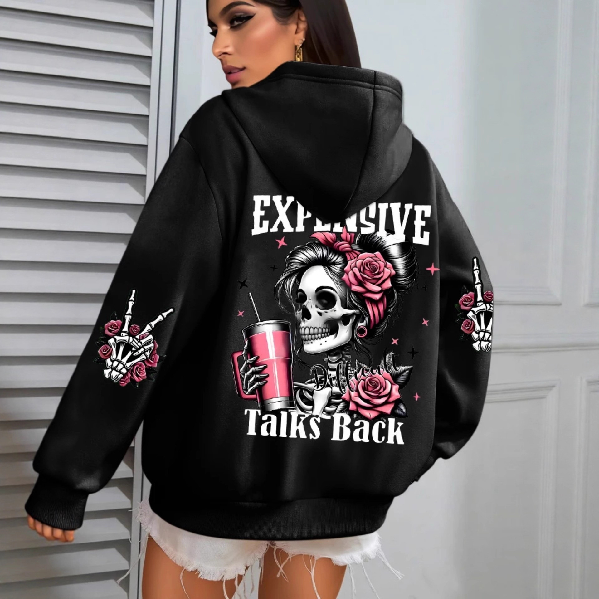 Women's Pink Skull Soda Print Hoodie