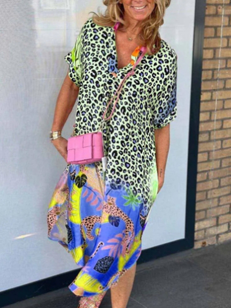 Leopard Print Half-Open Neck Short Sleeve Dress