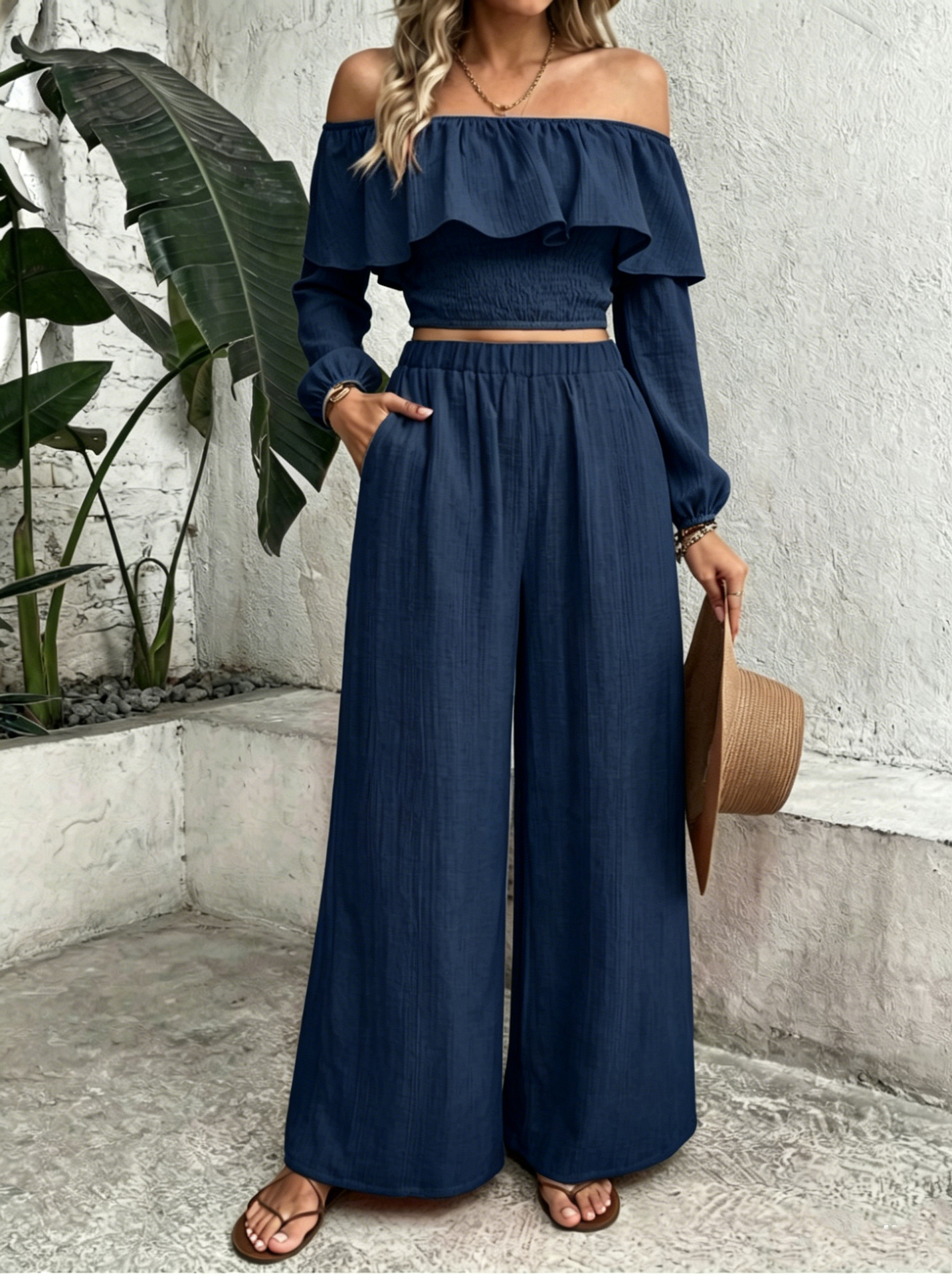 Women's Boho Off-Shoulder Ruffle Top & High-Waist Wide-Leg Pants Set
