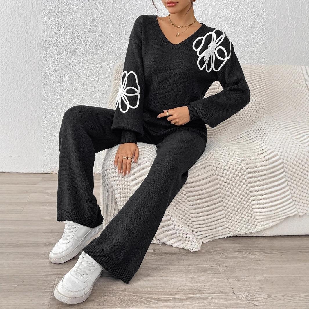Women's Floral Embroidered V-Neck Sweater and Straight Pants Two-Piece Set