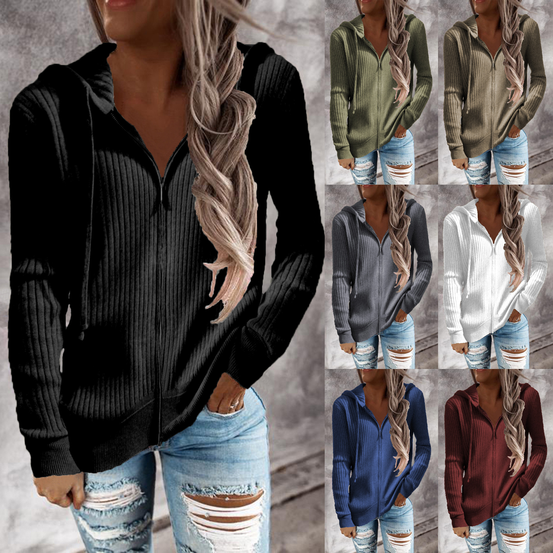 Women's Striped Hooded Zip-Up Knit Cardigan Sweatshirt