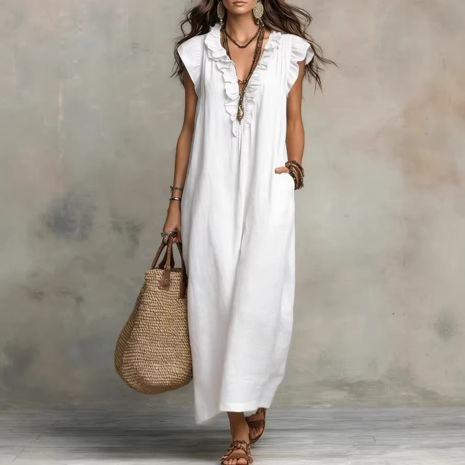 Solid Sleeveless V-Neck Ruffle Maxi Dress with Pockets