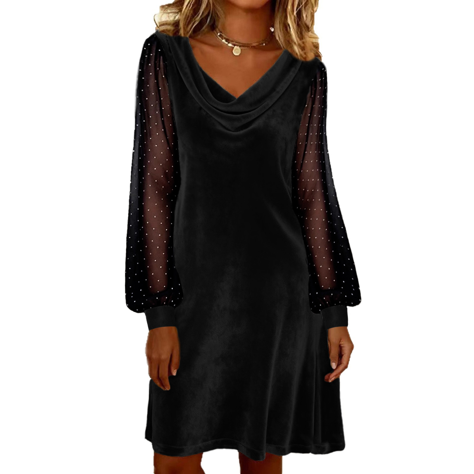 Women's Solid V-Neck Mesh A-Line Midi Dress with Sequin Detail