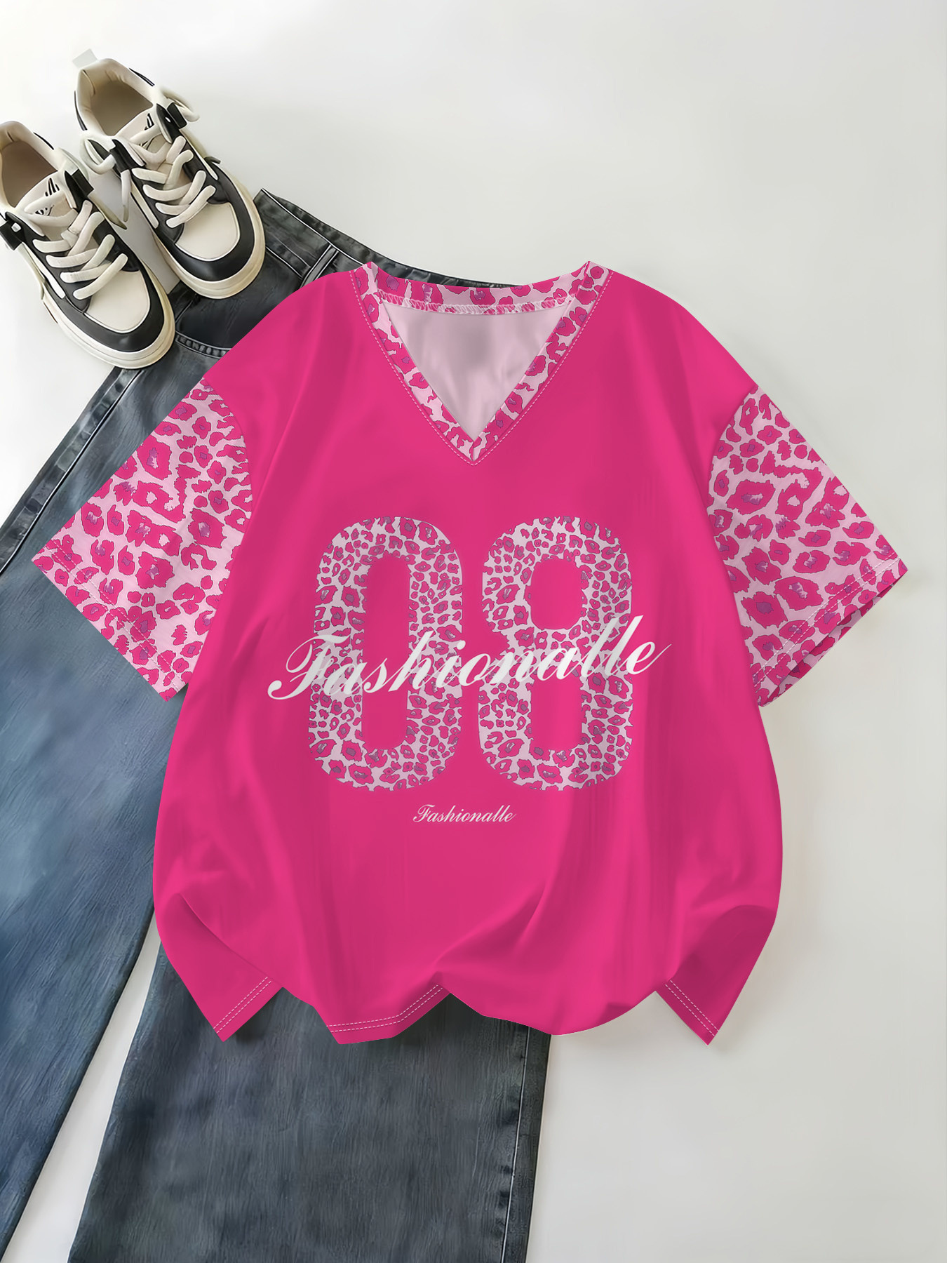 Women's V-Neck Short-Sleeve Gold Foil Rose Butterfly Print Top