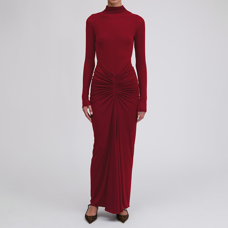 Women's Elegant Solid Pleated Slim Long Dress