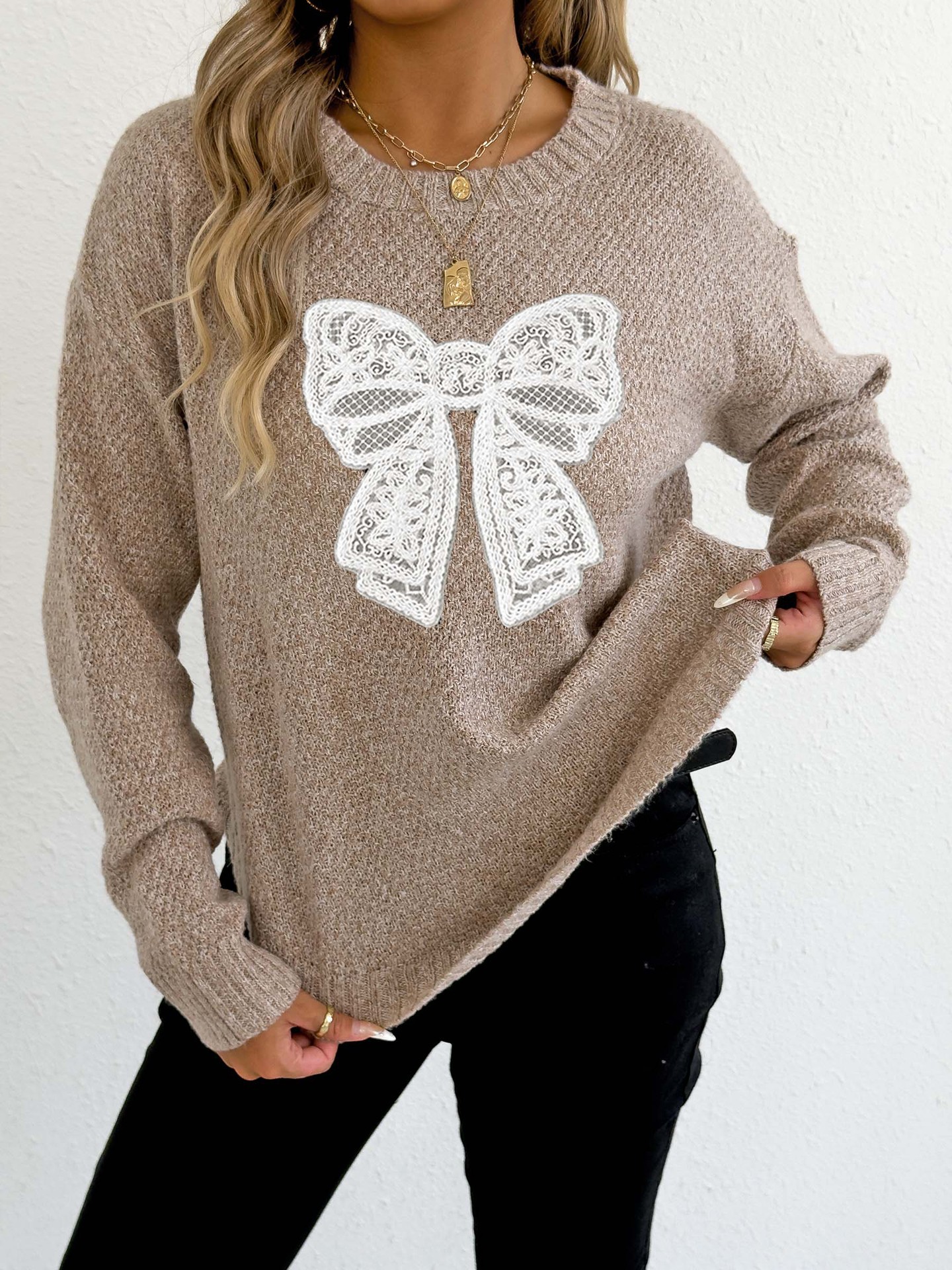 Embroidered Lace Butterfly Knit Sweater Crewneck Pullover
