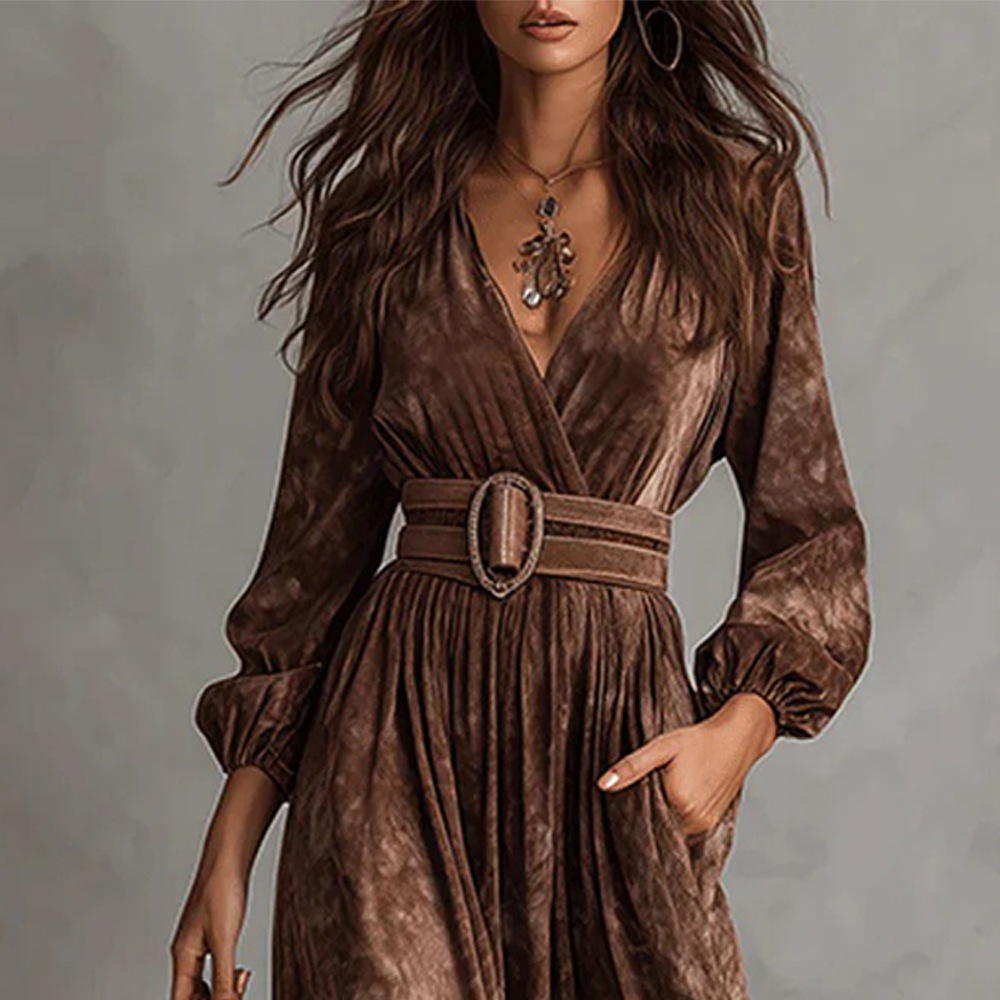 Women's V-Neck Long Sleeve Waist-Cinched A-Line Maxi Dress